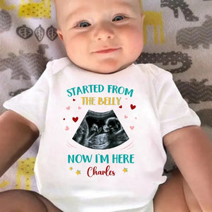 Custom Photo Hello World, I'm New Here - Family Personalized Custom Baby Onesie - Mother's Day, Baby Shower Gift, Gift For First Mom