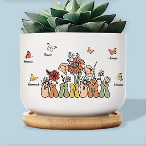 Grandma's Love Blossoms In Our Hearts - Family Personalized Custom Home Decor Ceramic Plant Pot - Mother's Day, House Warming Gift For Mom, Grandma