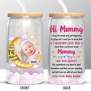 Custom Photo Our Adventures Are About To Start - Family Personalized Custom Glass Cup, Iced Coffee Cup - Mother's Day, Baby Shower Gift, Gift For First Mom