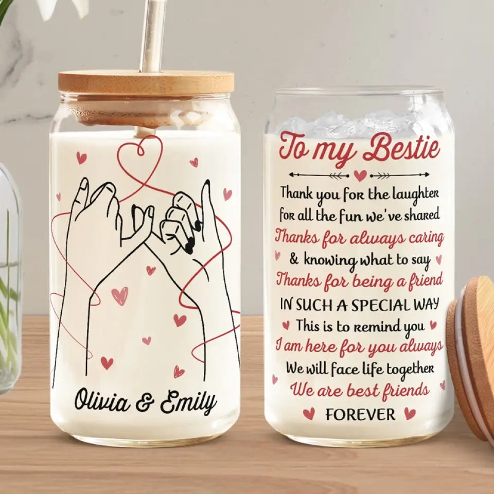 Thank You For The Laughter For All The Fun We’ve Shared - Bestie Personalized Custom Glass Cup, Iced Coffee Cup - Gift For Best Friends, BFF, Sisters