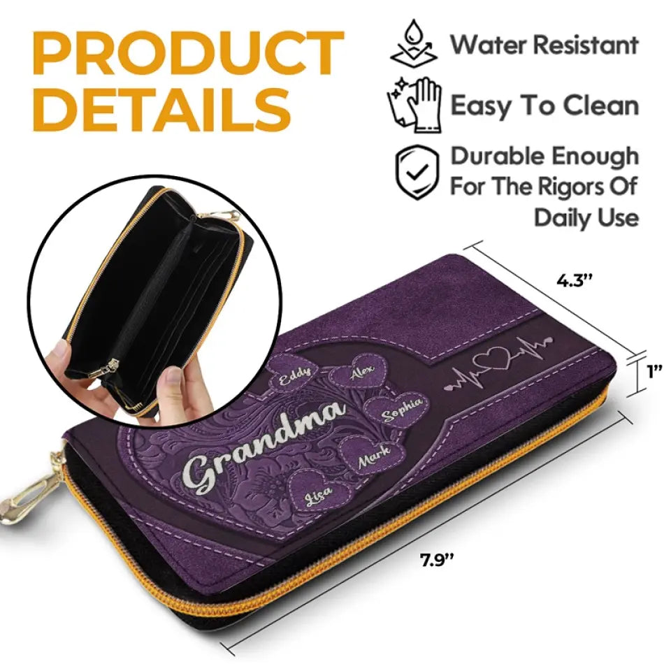 Hold My Hand, Hold My Heart - Family Personalized Custom Leather Long Wallet - Mother's Day, Gift For Mom, Grandma