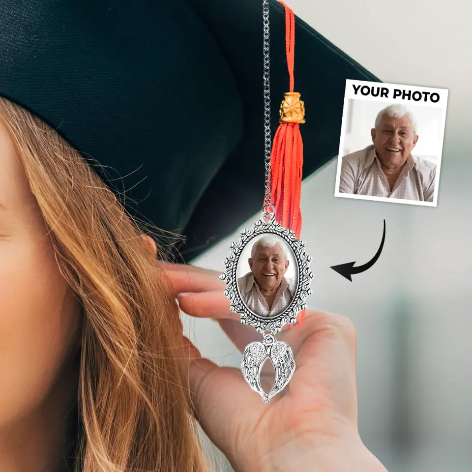 Custom Photo In Loving Memory - Family Personalized Custom Graduation Tassel Photo Charm With Angel Wings - Graduation Gift For Family Members, Siblings, Brothers, Sisters