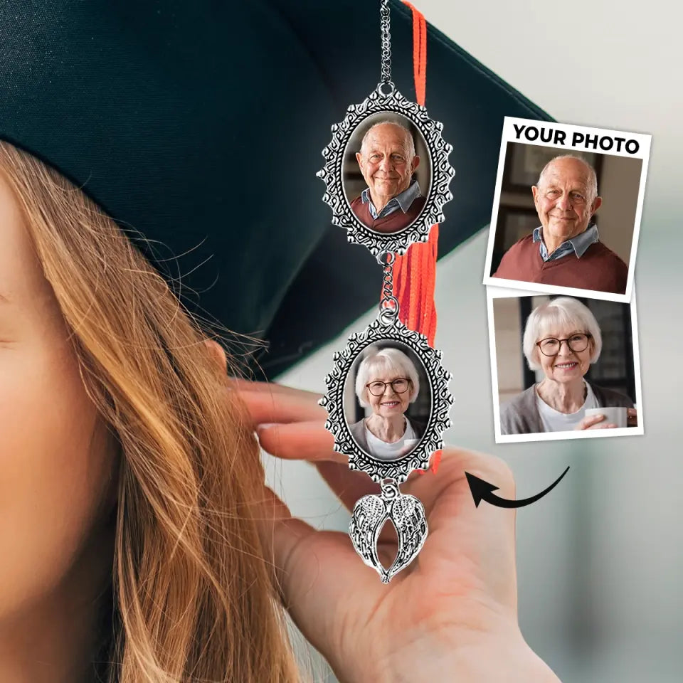 Custom Photo Forever In Our Hearts - Family Personalized Custom Graduation Tassel Photo Charm With Angel Wings - Graduation Gift For Family Members, Siblings, Brothers, Sisters