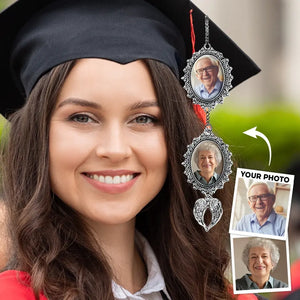 Custom Photo Forever In Our Hearts - Family Personalized Custom Graduation Tassel Photo Charm With Angel Wings - Graduation Gift For Family Members, Siblings, Brothers, Sisters