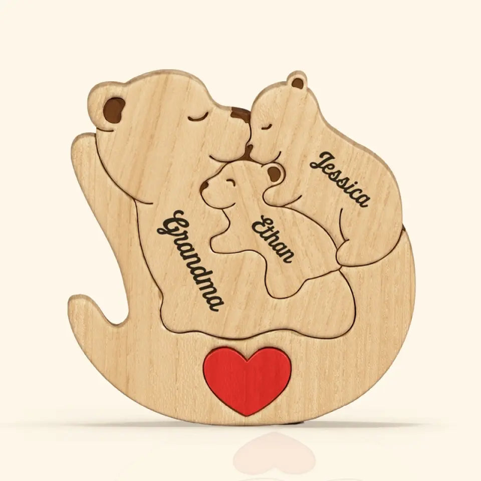 A Grandma Is A Safe Haven - Family Personalized Custom Bear Shaped Wooden Art Puzzle - Wooden Pet Carvings, Wood Sculpture Table Ornaments, Carved Wood Decor - Gift For Mom, Grandma