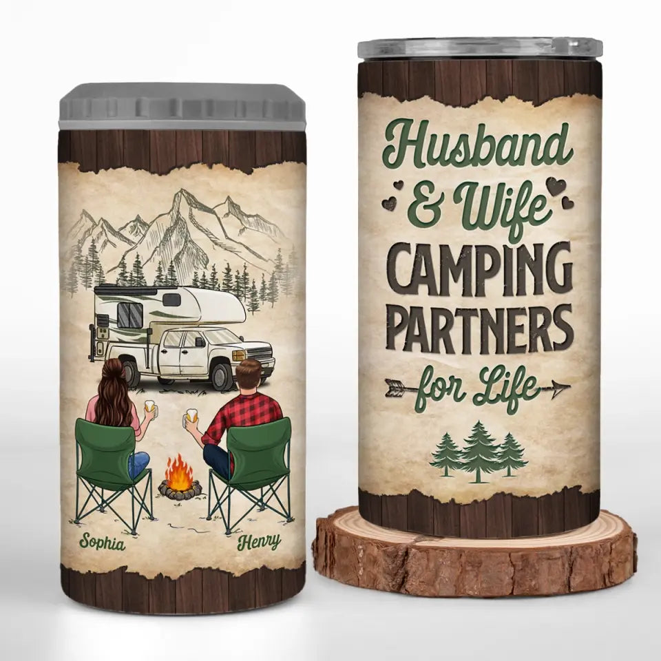 We Sit By The Campsite Together - Camping Personalized Custom 4 In 1 Can Cooler Tumbler - Gift For Couple, Husband Wife, Camping Lovers