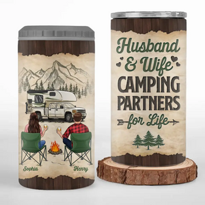 We Sit By The Campsite Together - Camping Personalized Custom 4 In 1 Can Cooler Tumbler - Gift For Couple, Husband Wife, Camping Lovers