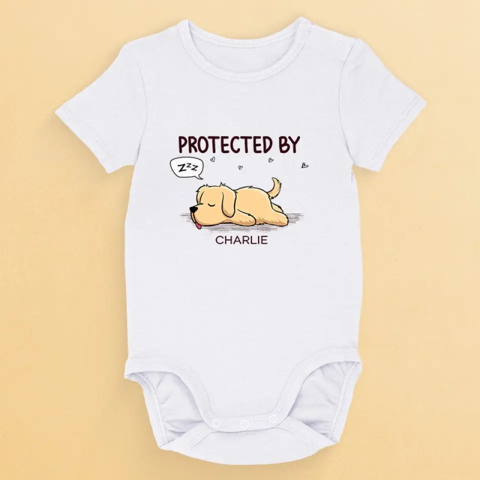 Protected By A Sleepy Buddy - Dog Personalized Custom Baby Onesie - Baby Shower Gift, Gift For Pet Owners, Pet Lovers