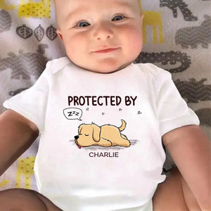 Protected By A Sleepy Buddy - Dog Personalized Custom Baby Onesie - Baby Shower Gift, Gift For Pet Owners, Pet Lovers