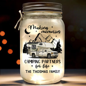 Making Memories You’ll Look Back On With A Smile - Camping Personalized Custom Mason Jar Light - Gift For Couple, Husband Wife, Camping Lovers