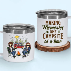 Husband & Wife, Camping Partners For Life - Camping Personalized Custom 14oz Stainless Steel Tumbler With Handle - Gift For Couple, Husband Wife, Camping Lovers