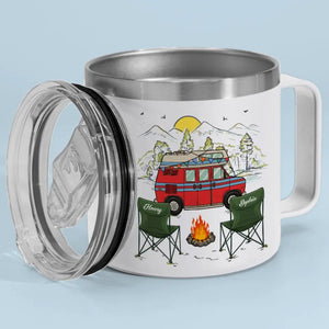 Happiness Is Making Memories With Those You Love - Camping Personalized Custom 14oz Stainless Steel Tumbler With Handle - Gift For Couple, Husband Wife, Camping Lovers