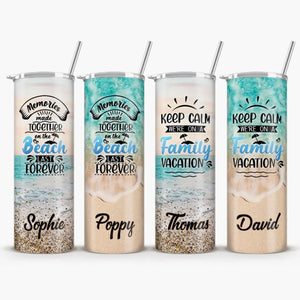 Memories Made Together On The Beach Last Forever - Family Personalized Custom Skinny Tumbler - Summer Vacation Gift, Birthday Pool Party Gift For Family Members