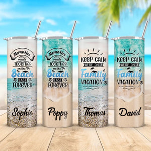 Memories Made Together On The Beach Last Forever - Family Personalized Custom Skinny Tumbler - Summer Vacation Gift, Birthday Pool Party Gift For Family Members