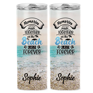 Memories Made Together On The Beach Last Forever - Family Personalized Custom Skinny Tumbler - Summer Vacation Gift, Birthday Pool Party Gift For Family Members