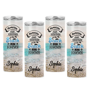 Memories Made Together On The Beach Last Forever - Family Personalized Custom Skinny Tumbler - Summer Vacation Gift, Birthday Pool Party Gift For Family Members