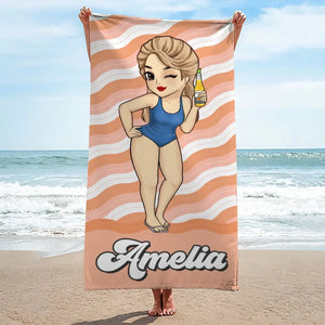 Hottest Girl On The Beach - Bestie Personalized Custom Beach Towel - Summer Vacation Gift, Birthday Pool Party Gift For Best Friends, BFF, Sisters