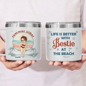 Summer Is Better With Bestie - Bestie Personalized Custom 14oz Stainless Steel Tumbler With Handle - Summer Vacation Gift For Best Friends, BFF, Sisters