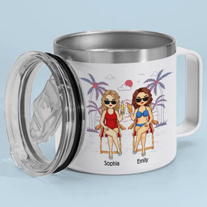 Friends, Sun, And Adorable Moments - Bestie Personalized Custom 14oz Stainless Steel Tumbler With Handle - Summer Vacation Gift For Best Friends, BFF, Sisters