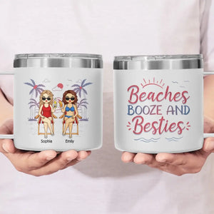 Friends, Sun, And Adorable Moments - Bestie Personalized Custom 14oz Stainless Steel Tumbler With Handle - Summer Vacation Gift For Best Friends, BFF, Sisters