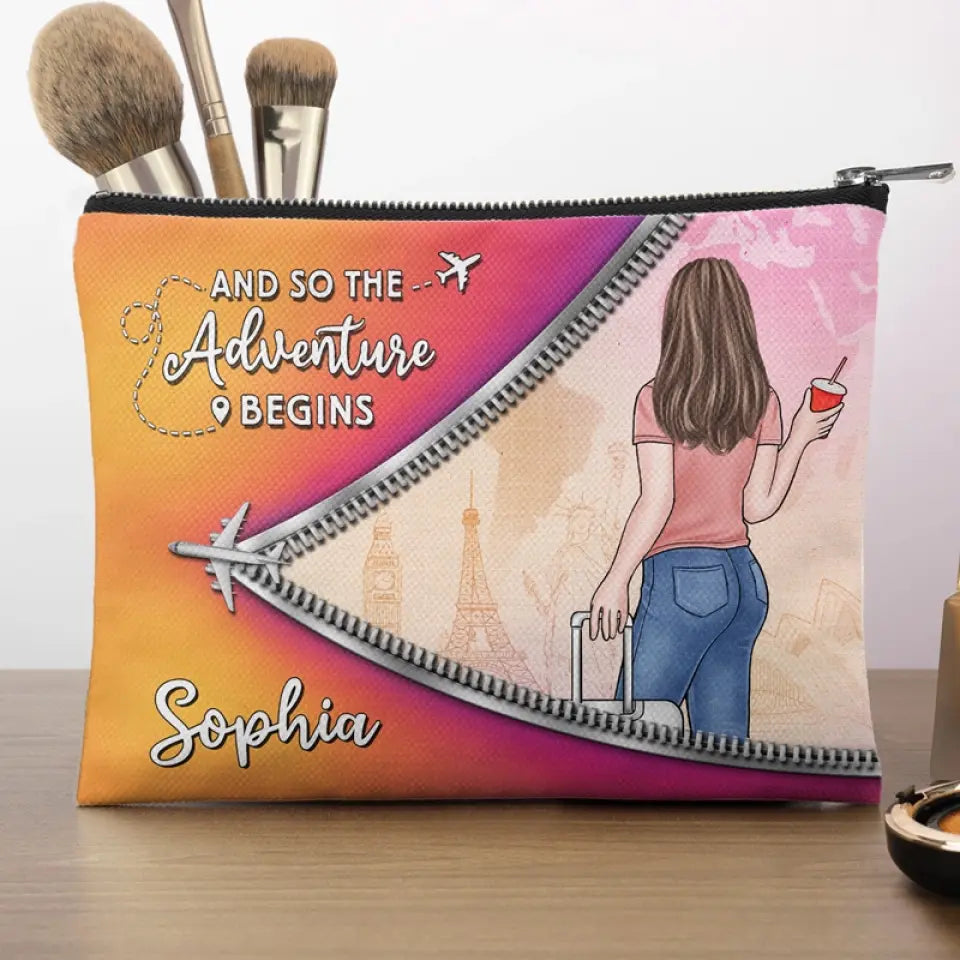 And So The Adventure Begins - Travel Personalized Custom Cosmetic Bag - Holiday Vacation Gift, Gift For Adventure Travel Lovers