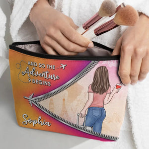 And So The Adventure Begins - Travel Personalized Custom Cosmetic Bag - Holiday Vacation Gift, Gift For Adventure Travel Lovers