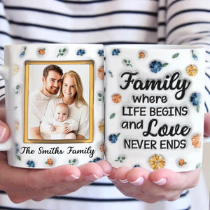 Custom Photo Family Where Love Never Ends - Family Personalized Custom 3D Inflated Effect Printed Mug - Gift For Family Members