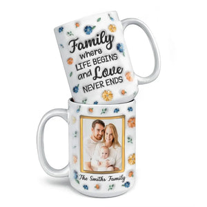 Custom Photo Family Where Love Never Ends - Family Personalized Custom 3D Inflated Effect Printed Mug - Gift For Family Members