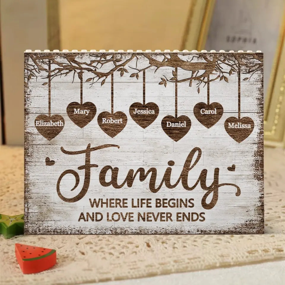 Family Is Where Love Never Ends - Family Personalized Custom Horizontal Rectangle Shaped Building Brick Blocks - Gift For Family Members