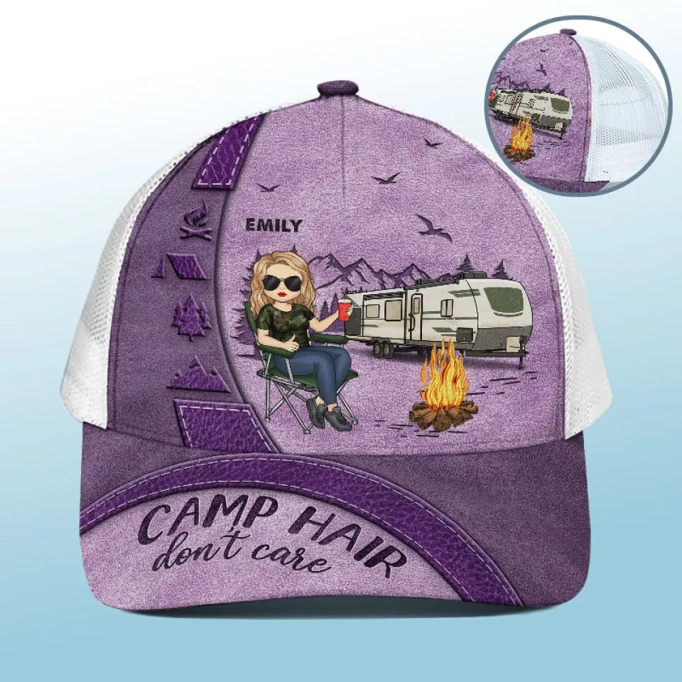 Camp Hair Don't Care - Camping Personalized Custom Mesh-back Baseball Cap, Baseball Trucker Cap - Gift For Husband Wife, Camping Lovers