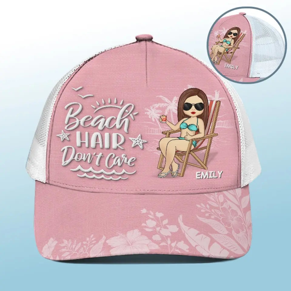 Beach Hair Don't Care - Bestie Personalized Custom Mesh-back Baseball Cap, Baseball Trucker Cap - Summer Vacation Gift For Best Friends, BFF, Sisters