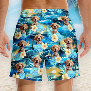 Custom Photo Sandy Paws, Happy Hearts - Dog & Cat Personalized Custom Tropical Hawaiian Aloha Men Beach Shorts - Summer Vacation Gift, Birthday Party Gift For Pet Owners, Pet Lovers