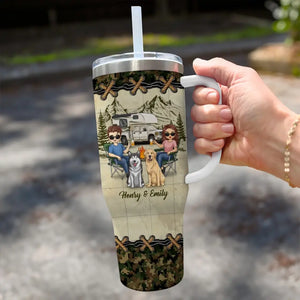 You And Me And The Dog - Camping Personalized Custom 40 Oz Stainless Steel Tumbler With Handle - Gift For Husband Wife, Camping Lovers, Pet Owners, Pet Lovers