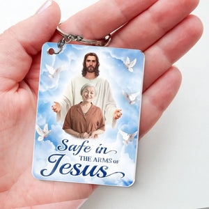 Custom Photo Safe In The Arms Of Jesus - Memorial Personalized Custom Shaped Acrylic Keychain - Sympathy Gift For Family Members