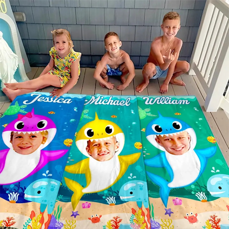 Custom Photo Baby Shark - Family Personalized Custom Beach Towel - Summer Vacation Gift, Birthday Pool Party Gift For Family Members