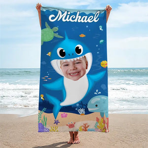 Custom Photo Baby Shark - Family Personalized Custom Beach Towel - Summer Vacation Gift, Birthday Pool Party Gift For Family Members