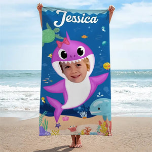 Custom Photo Baby Shark - Family Personalized Custom Beach Towel - Summer Vacation Gift, Birthday Pool Party Gift For Family Members