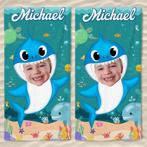 Custom Photo Baby Shark - Family Personalized Custom Beach Towel - Summer Vacation Gift, Birthday Pool Party Gift For Family Members