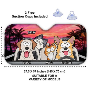 Pet Happy Journey In Sunset - Dog & Cat Personalized Custom Auto Windshield Sunshade, Car Window Protector - Gift For Pet Owners, Pet Lovers