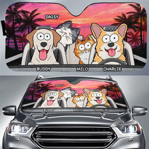 Pet Happy Journey In Sunset - Dog & Cat Personalized Custom Auto Windshield Sunshade, Car Window Protector - Gift For Pet Owners, Pet Lovers