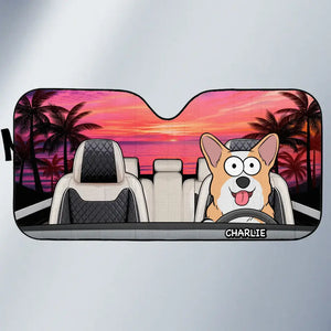 Pet Happy Journey In Sunset - Dog & Cat Personalized Custom Auto Windshield Sunshade, Car Window Protector - Gift For Pet Owners, Pet Lovers