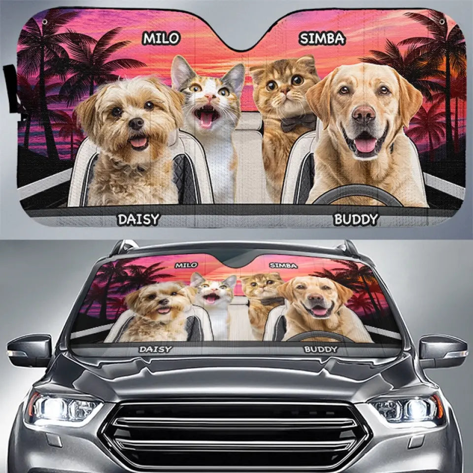 Custom Photo Pet Happy Journey In Sunset - Dog & Cat Personalized Custom Auto Windshield Sunshade, Car Window Protector - Gift For Pet Owners, Pet Lovers