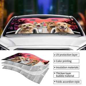 Custom Photo Pet Happy Journey In Sunset - Dog & Cat Personalized Custom Auto Windshield Sunshade, Car Window Protector - Gift For Pet Owners, Pet Lovers