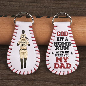 God Hit A Home Run When He Made You My Dad - Family Personalized Custom Leather Keychain - Gift For Family Members