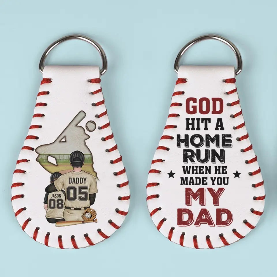 God Hit A Home Run When He Made You - Family Personalized Custom Leather Keychain - Gift For Family Members