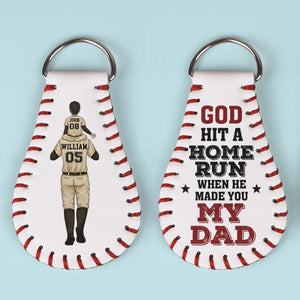 God Hit A Home Run When He Made You My Dad - Family Personalized Custom Leather Keychain - Gift For Family Members