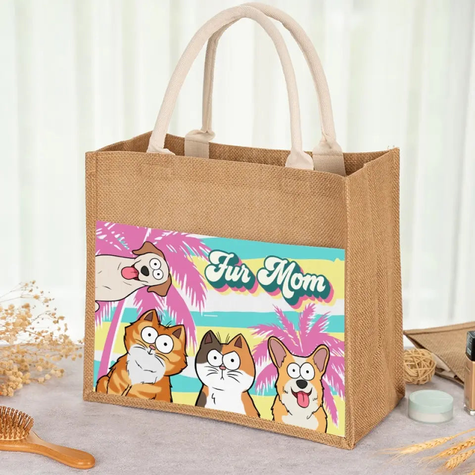 Fur Mom - Dog & Cat Personalized Custom Tote Gift Bags, Jute Tote Bags, Beach Bags - Gift For Pet Owners, Pet Lovers