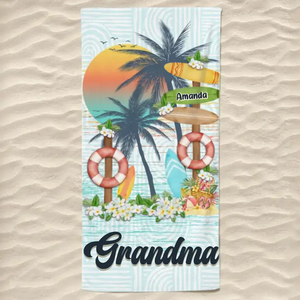 Grandma's Love Knows No Bounds - Family Personalized Custom Beach Towel - Summer Vacation Gift, Birthday Pool Party Gift For Grandma