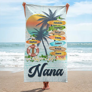 Grandma's Love Knows No Bounds - Family Personalized Custom Beach Towel - Summer Vacation Gift, Birthday Pool Party Gift For Grandma