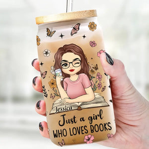 Girl Lost In The World Of Words And Pages - Personalized Custom Glass Cup, Iced Coffee Cup - Gift For Book Lovers